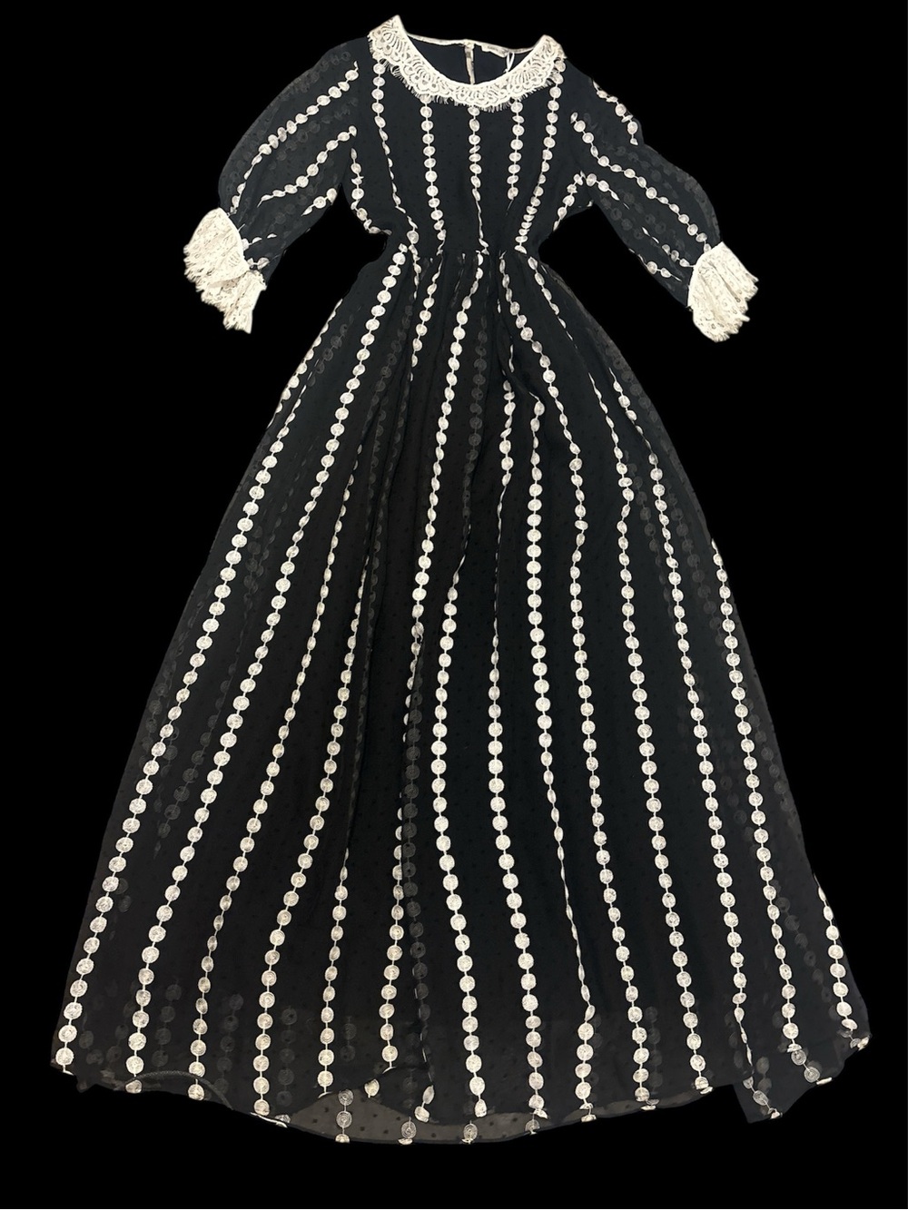White black Vintage Inspired Cotton Voile Lace Maxi Dress Sz 40